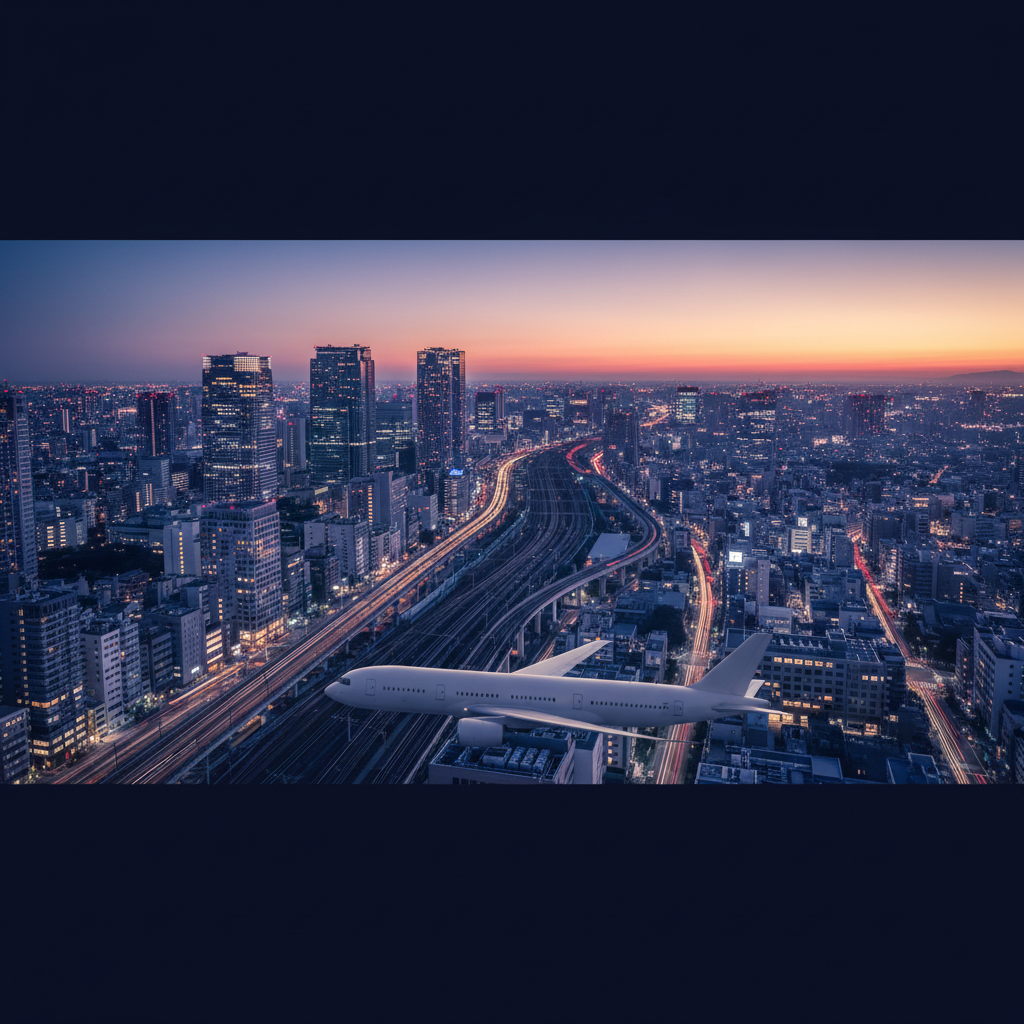 A panoramic, high-resolution aerial view of Tokyo at twilight, focusing on a cluster of major train lines and an elevated monorail converging near a modern business district. The cityscape glows with cool blue ambient light and warm golden windows, suggesting seamless connections from airports into the heart of Japan. In the foreground, the silhouette of a generic passenger jet glides past, its livery neutral and logo-free, symbolizing airline options for reaching Tokyo. The sky transitions from deep indigo to soft orange near the horizon. Captured in photographic realism with sharp focus and a cinematic wide aspect ratio, the mood is dynamic yet professional, emphasizing Tokyo as the primary gateway for Japan travel decisions and itinerary planning.