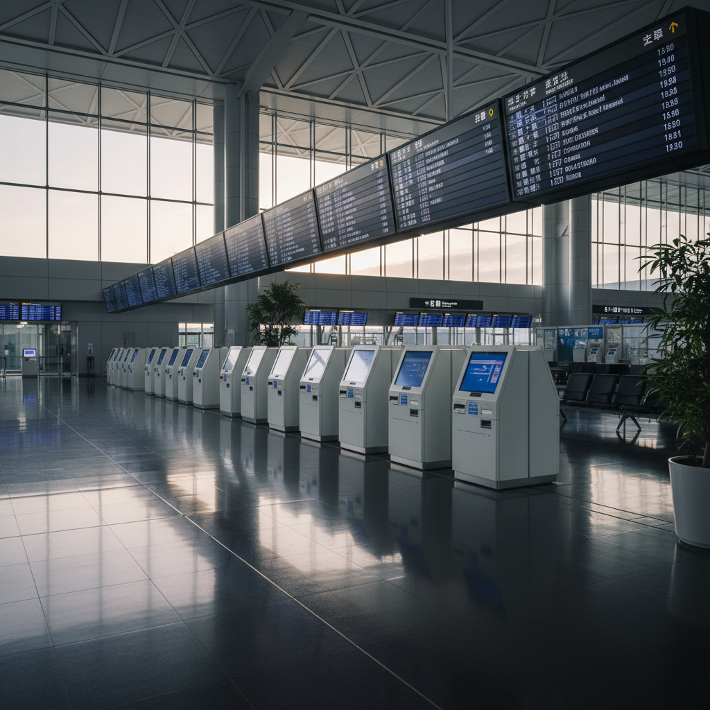 A sleek, modern airport departures hall in Japan, captured in photographic realism, with spotless polished floors reflecting rows of illuminated bilingual flight information boards showing various Japanese cities as destinations. In the midground, minimalist self-service check-in kiosks for multiple airlines stand in a neat line, each with blank, logo-free digital screens suggesting airline comparison. Soft, diffused daylight filters through expansive glass walls, creating gentle highlights and subtle shadows along the metallic beams. Shot from a slightly elevated, wide-angle perspective using the rule of thirds, the scene feels professional and organized. The atmosphere is calm and anticipatory, conveying efficient Japan travel planning and the idea of choosing the best flight for a Japan trip without showing any human figures or readable brand names.