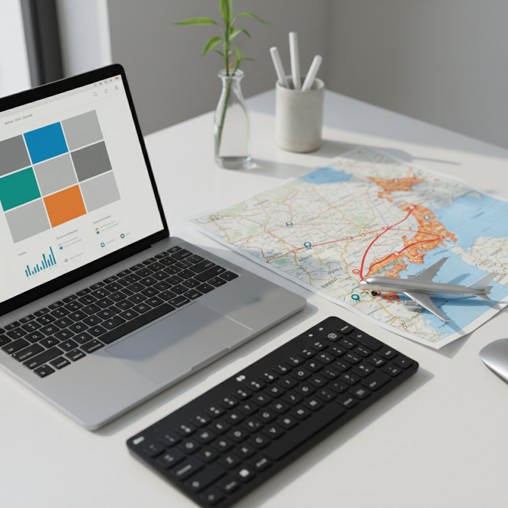 A meticulously arranged, minimalist desktop workspace for planning a Japan trip, captured in clean photographic realism. At the center, an open, ultra-slim laptop displays an abstract, text-free interface with multiple colored tiles resembling different airline options and comparison charts. Beside it lies a detailed fold-out map of Japan with highlighted routes between major cities like Tokyo, Osaka, and Sapporo. A small model airplane with neutral, logo-free design rests on the map, pointing toward Japan. Soft natural daylight from an unseen window washes the scene, creating gentle shadows and a calm, focused atmosphere. Shot from a slightly elevated angle with shallow depth of field, the composition feels organized and professional, ideal for a Japan travel advice and airline comparison website.