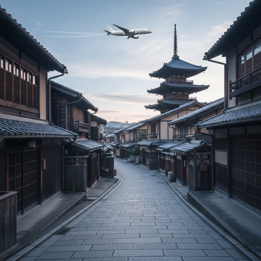 A serene, early-morning view of Kyoto’s traditional streets, captured in photographic realism, with stone-paved alleys leading toward a distant pagoda framed by wooden machiya houses. Overhead, a quiet, generic passenger jet with no visible airline branding crosses the pale blue sky, subtly suggesting arrival from distant airports. Soft, cool morning light creates long, gentle shadows along the buildings and emphasizes the textures of aged wood and stone. The composition uses the rule of thirds, with the street drawing the eye into the scene while the aircraft remains a secondary but clear element. The mood is calm and contemplative, conveying the reward of Japan travel after careful flight selection and planning, without any human presence.
