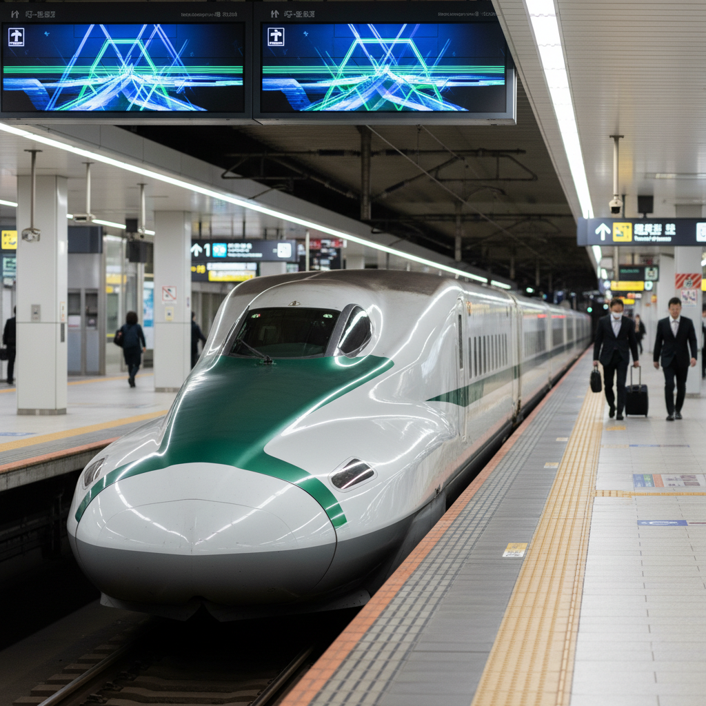 A high-end Shinkansen bullet train poised at a spotless Japanese station platform, captured in sharp photographic realism. The train’s sleek white body and streamlined nose glisten under bright, even station lighting, symbolizing fast connections after landing in Japan. Electronic departure boards above display abstract, unreadable graphics that hint at schedules and route options without showing text. In the background, subtle signage silhouettes suggest links to airport lines, reinforcing integrated travel planning. Shot from a low-angle, three-quarter view that emphasizes speed and modernity, the composition keeps the train centered with strong leading lines from the platform edge. The mood is professional and optimistic, highlighting Japan’s efficient domestic transport as part of a broader journey influenced by airline and airport choices.