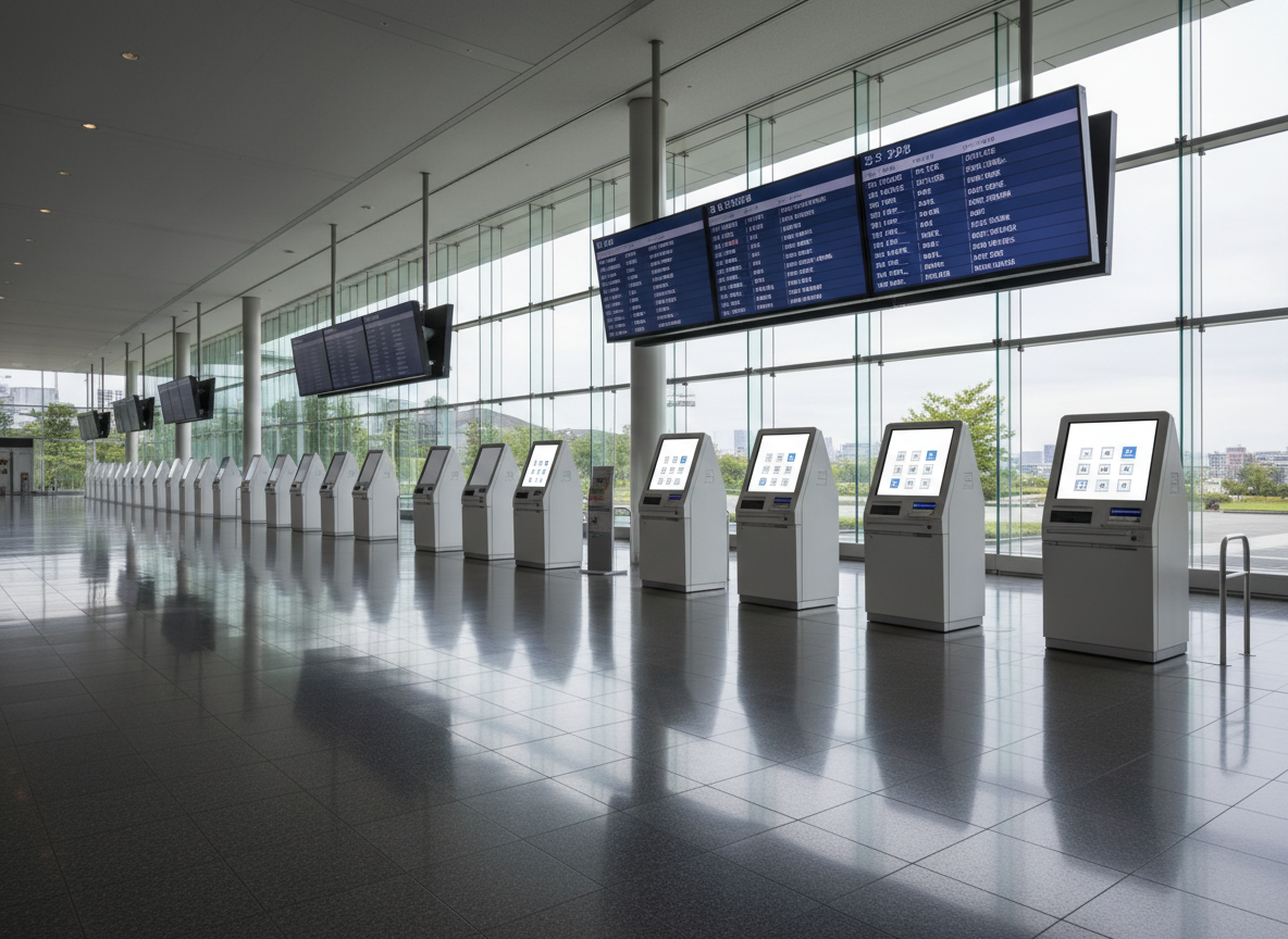 A sleek, modern airport departures hall in Japan, captured in photographic realism, with spotless polished floors reflecting rows of illuminated bilingual flight information boards showing various Japanese cities as destinations. In the midground, minimalist self-service check-in kiosks for multiple airlines stand in a neat line, each with blank, logo-free digital screens suggesting airline comparison. Soft, diffused daylight filters through expansive glass walls, creating gentle highlights and subtle shadows along the metallic beams. Shot from a slightly elevated, wide-angle perspective using the rule of thirds, the scene feels professional and organized. The atmosphere is calm and anticipatory, conveying efficient Japan travel planning and the idea of choosing the best flight for a Japan trip without showing any human figures or readable brand names.