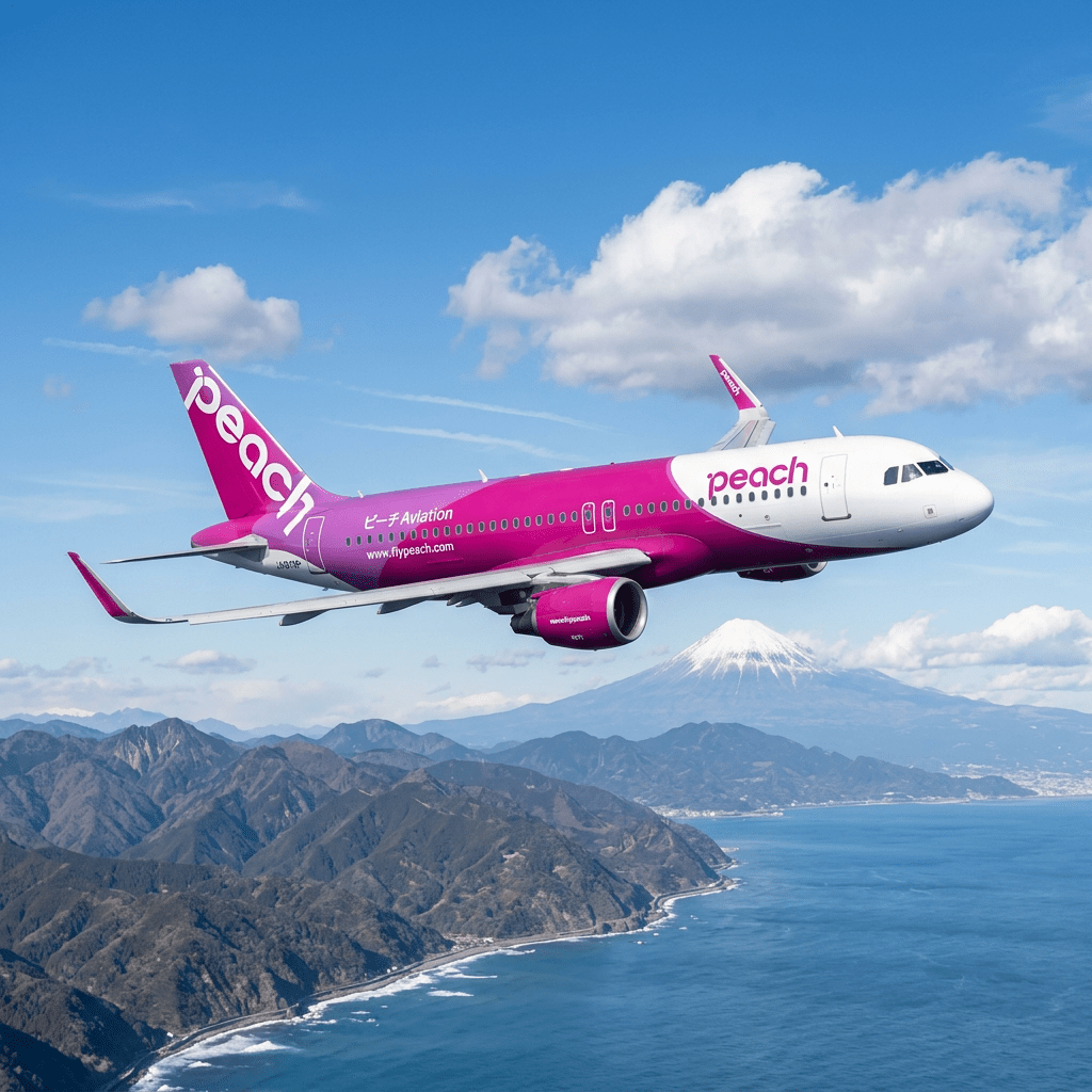 Peach Aviation airplane flying over coastal mountains with Mount Fuji visible